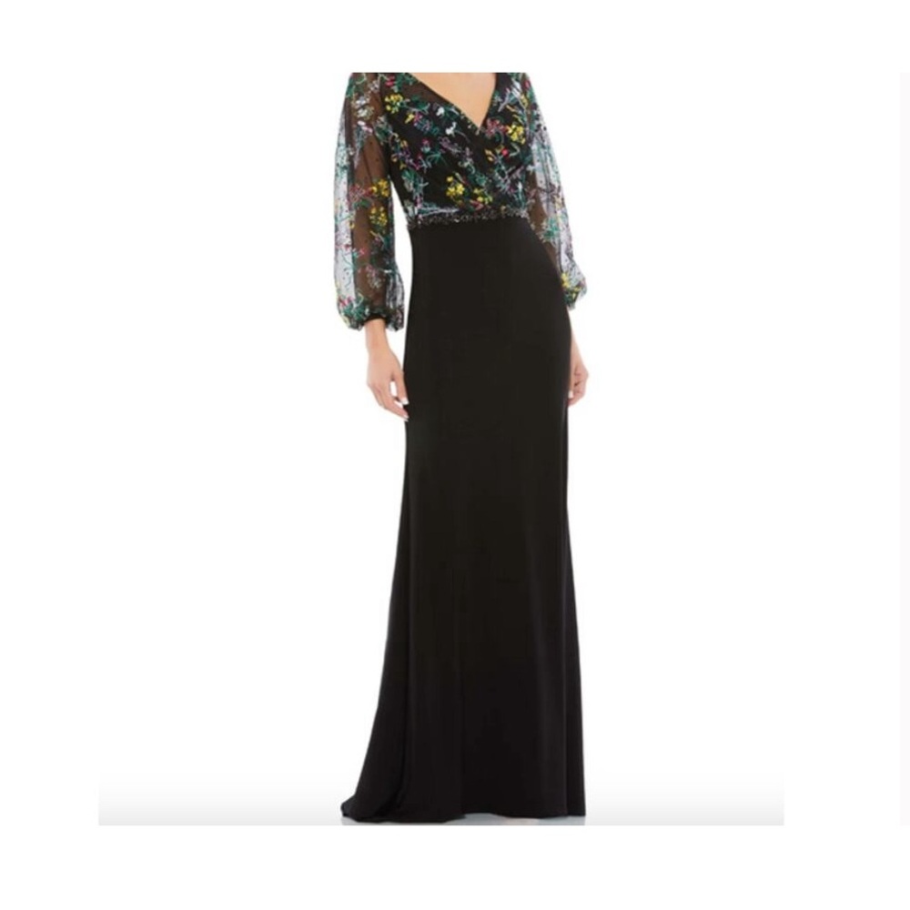 MAC DUGGAL Size 12 Evening Gown Black Floral NEW Embroidered bodice puff sleeve
